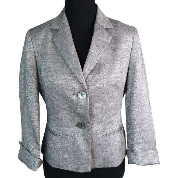 Talbots LINEN Gray Metallic Skirt Suit Mini Pleated 3/4 Sleeves Womens 2 4P work - Picture 2 of 8